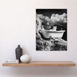 "Artery8 Cat Lover Pet Bathtub on Mountain Cliff Surreal Wall Art Print in Grey - Size: W12"" x H16""" - thumbnail 4