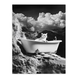 "Artery8 Cat Lover Pet Bathtub on Mountain Cliff Surreal Wall Art Print in Grey - Size: W12"" x H16""" - thumbnail 1