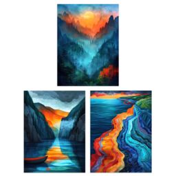 "Artery8 Set of 3 Vibrant Sunset Mountain Landscapes 12X16"" Wall Art Prints in Blue - Size: A4" - thumbnail 1