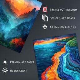 "Artery8 Set of 3 Vibrant Sunset Mountain Landscapes 12X16"" Wall Art Prints in Blue - Size: A4" - thumbnail 4