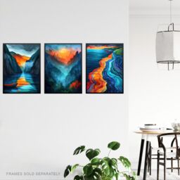 "Artery8 Set of 3 Vibrant Sunset Mountain Landscapes 12X16"" Wall Art Prints in Blue - Size: A4" - thumbnail 3
