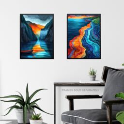 "Artery8 Set of 3 Vibrant Sunset Mountain Landscapes 12X16"" Wall Art Prints in Blue - Size: A4" - thumbnail 6