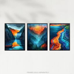 "Artery8 Set of 3 Vibrant Sunset Mountain Landscapes 12X16"" Wall Art Prints in Blue - Size: A4" - thumbnail 5