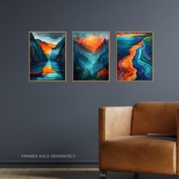 "Artery8 Set of 3 Vibrant Sunset Mountain Landscapes 12X16"" Wall Art Prints in Blue - Size: A4" - thumbnail 2