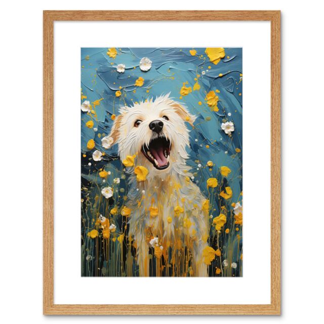 Artery8 Wall Art Print Chasing the Flowers White Terrier in Spring Meadow Thick Paint Oil Painting Blooms Coton de Tulear Artwork Framed 9X7 Inch - image 1
