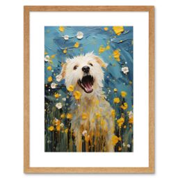 Artery8 Wall Art Print Chasing the Flowers White Terrier in Spring Meadow Thick Paint Oil Painting Blooms Coton de Tulear Artwork Framed 9X7 Inch - thumbnail 1