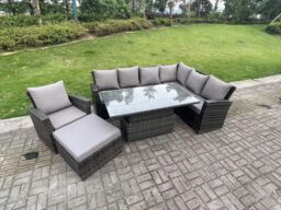 Fimous 8 Seater Outdoor High Back Rattan Adjustable Rising Lifting Dining Table Set Garden Furniture Set Right Hand in Dark Grey - thumbnail 1