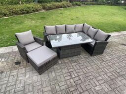 Fimous 8 Seater Outdoor High Back Rattan Adjustable Rising Lifting Dining Table Set Garden Furniture Set Right Hand in Dark Grey - thumbnail 2