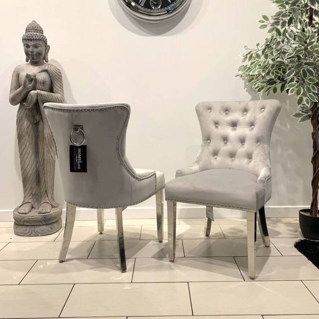 HOME LUXE INTERIOR Aydin Silver Velvet Dining Chairs Chrome Legs Ring Knocker Pair - image 1