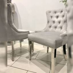 HOME LUXE INTERIOR Aydin Silver Velvet Dining Chairs Chrome Legs Ring Knocker Pair - thumbnail 3