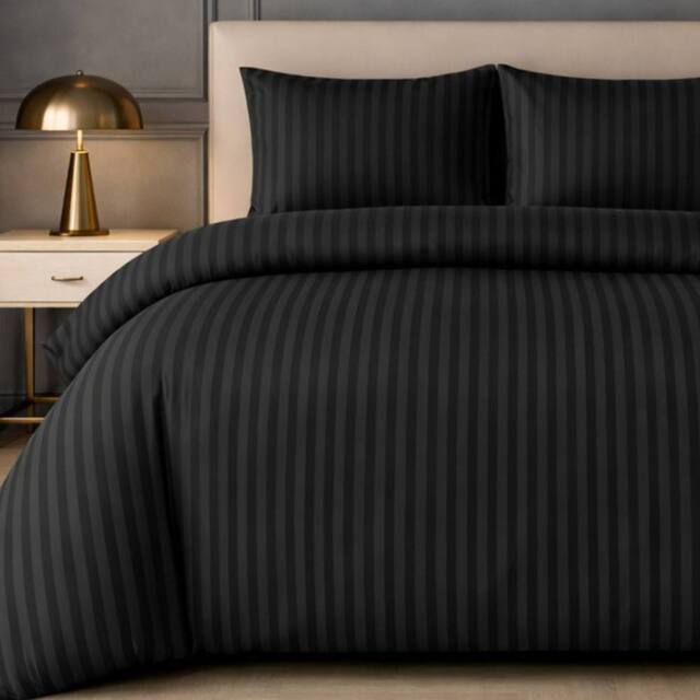 Grace Premium Satin Stripe Duvet Cover Set Soft Breathable Bedding in Black - Size: Single - image 1