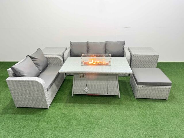 Fimous 6 Seater PE Rattan Wicker Garden Furniture Patio Conservatory Sofa Set w/ Firepit Dining Table 3 Seater Sofa Love Sofa Big Footstool 2 Side - image 1