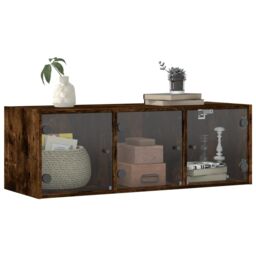 Berkfield Home Wall Cabinet with Glass Doors Smoked Oak 102x37x35 cm in Brown - Size: 102 x 37 x 35 cm - thumbnail 4