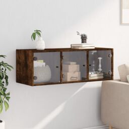 Berkfield Home Wall Cabinet with Glass Doors Smoked Oak 102x37x35 cm in Brown - Size: 102 x 37 x 35 cm - thumbnail 3