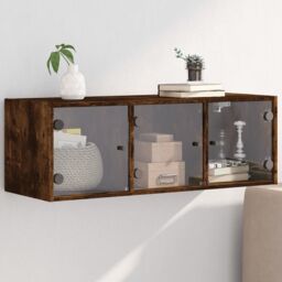 Berkfield Home Wall Cabinet with Glass Doors Smoked Oak 102x37x35 cm in Brown - Size: 102 x 37 x 35 cm - thumbnail 1