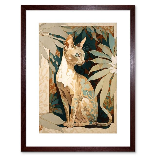 "Artery8 Wall Art Print Oriental Shorthair Cat Botanical Pattern Fur & Plants Modern Art Nouveau Watercolour Artwork Framed 9X7 Inch - Size: W7"" x H9""" - image 1