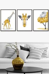 ARTZE Geometric Yellow Grey Giraffe Set Framed Wall Art - Large in Black - Size: W53 cm x H73 cm x D20mm - thumbnail 1