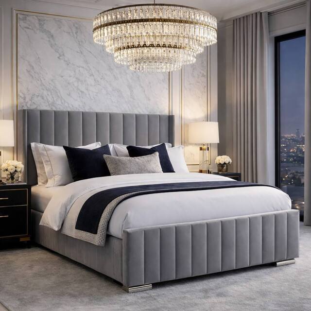 Harmin Luxury 4ft6 Double sized Grey Plush Velvet Ottoman Winged bed - Size: EU Double - image 1