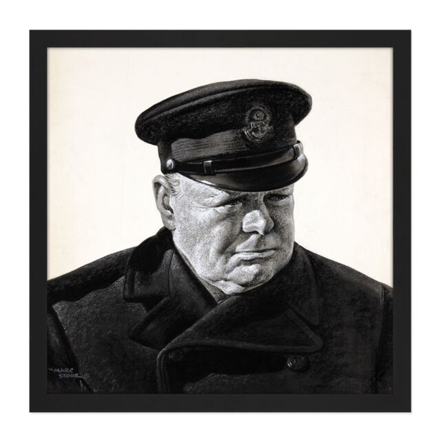 "Artery8 Wall Art Print Stone Portrait UK Prime Minister Winston Churchill Painting Square Framed Picture 16X16 Inch in Black - Size: W16"" x H16""" - image 1