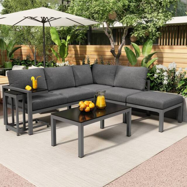 Direct Wicker Outdoor Garden Sofa with Side Table & Coffee Table in Grey - Size: 4 Person - image 1