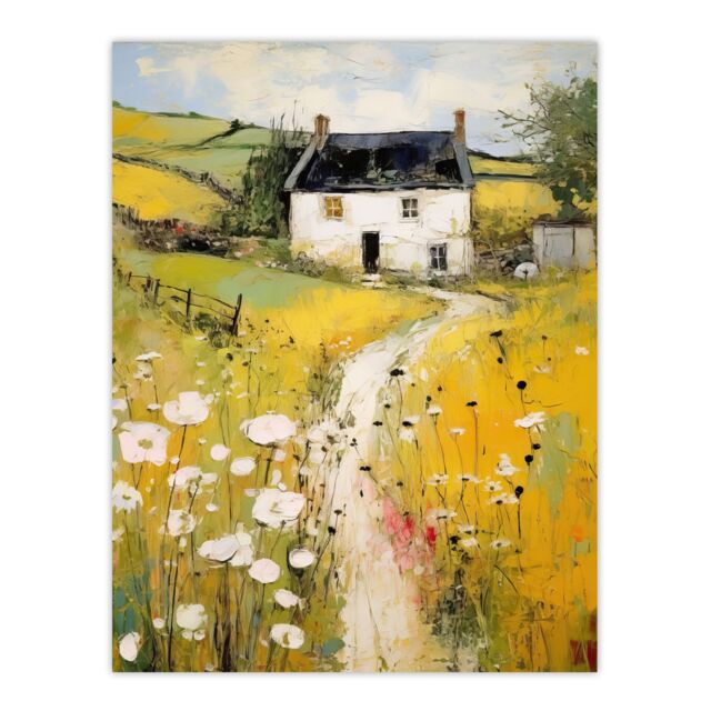 Artery8 Welsh Countryside Cottage Rolling Hills & Wildflowers Bright Oil Painting Unframed Wall Art Print Poster Home Decor Premium - image 1