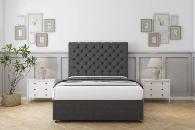 "Sloomy Mayfair Dumfries Divan Bed Base 2 Drawers Same Side - 26"" Headboard in Dark Grey - Size: King" - image 1