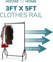 House of Home Clothes Rail Heavy Duty Quality Black Metal Stand Rack With Wheels 3ft Long x5ft Tall - thumbnail 2