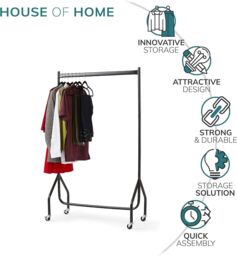 House of Home Clothes Rail Heavy Duty Quality Black Metal Stand Rack With Wheels 3ft Long x5ft Tall - thumbnail 6