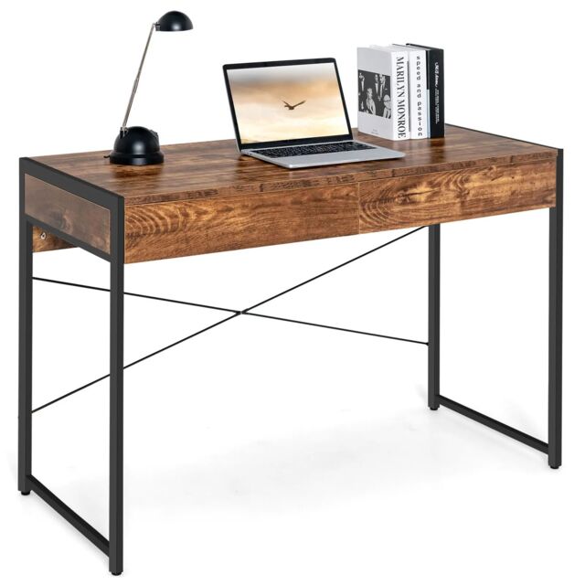 Costway Computer Desk Wooden PC Laptop Table Writing Workstation with 2 Drawers in Brown - image 1