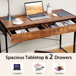 Costway Computer Desk Wooden PC Laptop Table Writing Workstation with 2 Drawers in Brown - thumbnail 6
