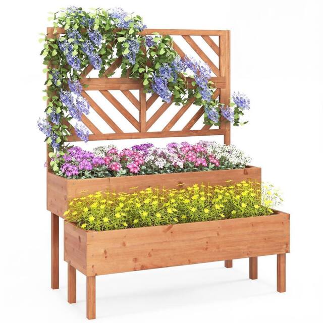Costway 2-Tier Raised Garden Bed w/ Trellis Wooden Elevated Planter Box in Orange - image 1