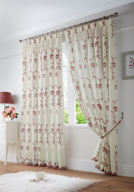 Luxury Living Exe Embroidery Lined Voile Curtains in Red - Size: 148 cm width x 137 cm drop - image 1