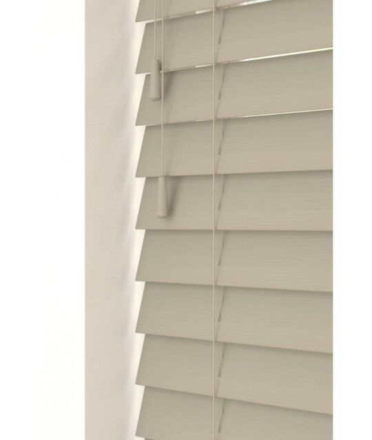 New Edge Blinds 50mm Fine Grain Slatted Faux Wood Venetian Blinds with Strings 120cm Drop in Taupe - Size: 220 cm width x 130 cm drop