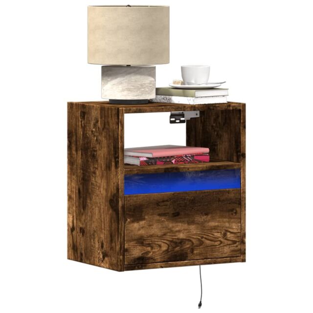 Berkfield Home Wall-mounted Bedside Cabinet with LED Lights Smoked Oak in Brown - image 1