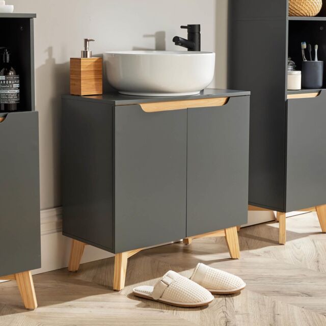 Home Source Bathroom Under Sink Basin Storage Cupboard Shelving Furniture in Dark Grey - image 1