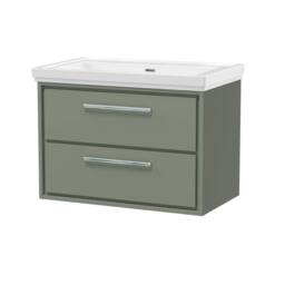 Balterley Wall Hung 2-Drawer Bathroom Vanity with Fireclay Basin, Green, 800mm in Green - thumbnail 1