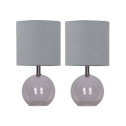 First Choice Lighting Set of 2 Buck - Clear Glass Globe Table Lamps with Grey Cotton Shade