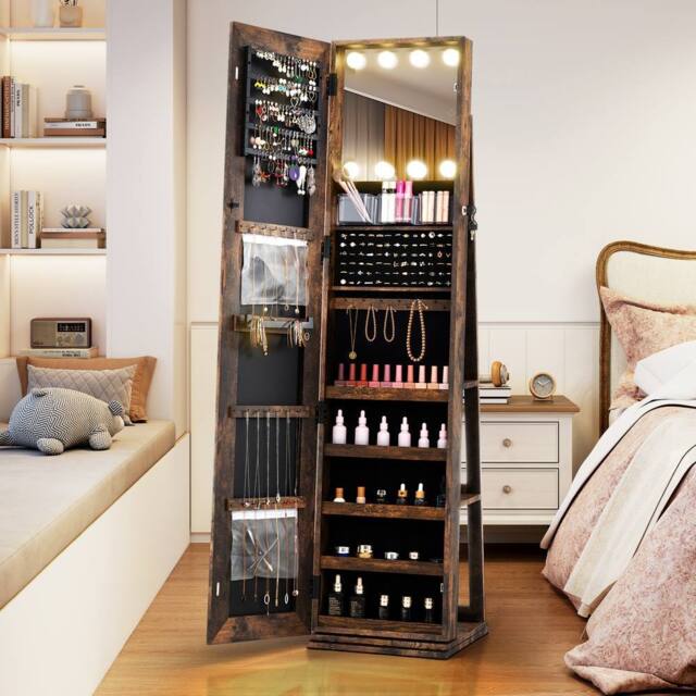 Costway 360° Swivel Jewelry Cabinet Freestanding Jewelry Storage Organizer in Brown - image 1