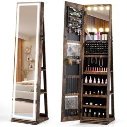 Costway 360° Swivel Jewelry Cabinet Freestanding Jewelry Storage Organizer in Brown - thumbnail 3