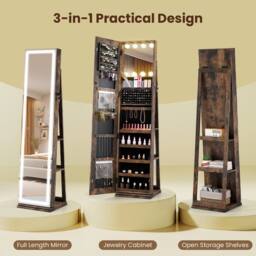 Costway 360° Swivel Jewelry Cabinet Freestanding Jewelry Storage Organizer in Brown - thumbnail 5