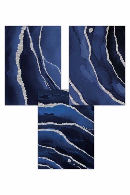 ARTZE Set of 3 Abstract Navy Blue Silver Strokes Art Posters - Size: W50 cm x H70 cm - image 1