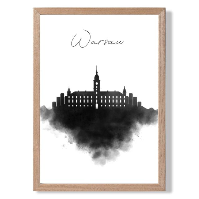 ARTZE Warsaw Watercolour Skyline City Framed Print SIZE: A3 with Oak Frame in Black - Size: A4 - image 1