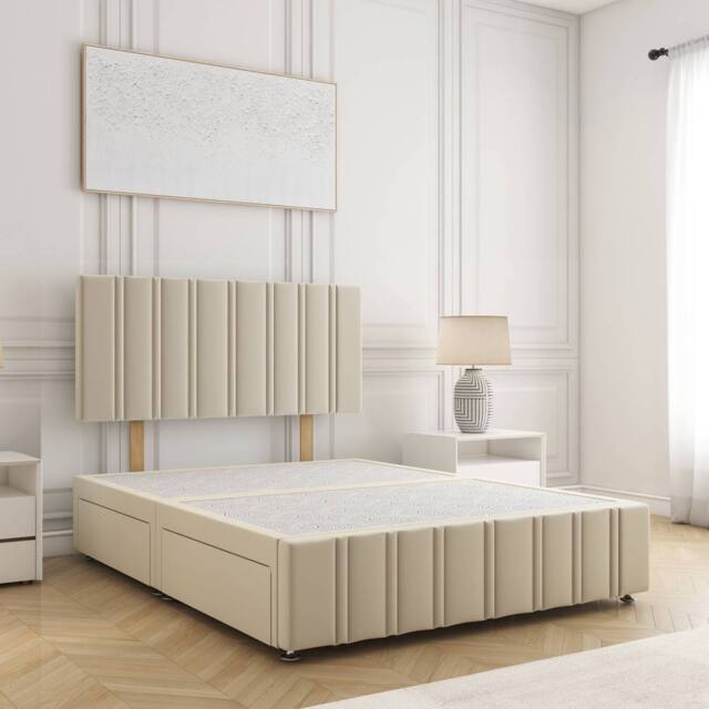"BSSPOKE Isabella Divan Bed Velvet 24""Headboard 2 Drawers Same Side No Mattress in Cream - Size: Super King" - image 1