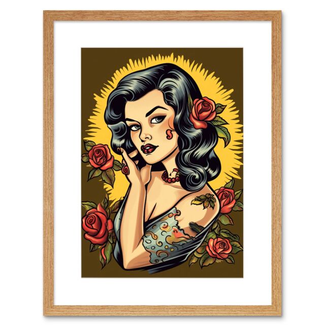 "Artery8 Wall Art Print Retro Tattoo Ink Body Art Pin Up Roses Sun Rockabilly Americana 50s Artwork Framed 9X7 Inch in Beige - Size: W7"" x H9""" - image 1