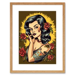 "Artery8 Wall Art Print Retro Tattoo Ink Body Art Pin Up Roses Sun Rockabilly Americana 50s Artwork Framed 9X7 Inch in Beige - Size: W7"" x H9""" - thumbnail 1
