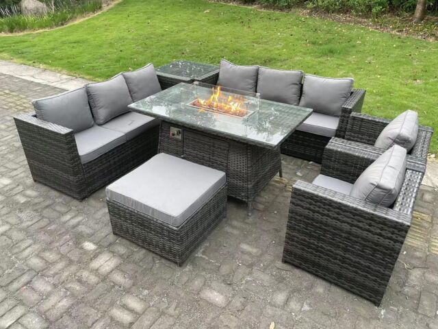 Fimous 9 Seater Outdoor Rattan Gas Fire Pit Table Sets Lounge Chairs Big Footstool in Dark Grey - image 1