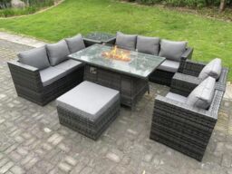 Fimous 9 Seater Outdoor Rattan Gas Fire Pit Table Sets Lounge Chairs Big Footstool in Dark Grey - thumbnail 1