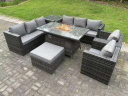 Fimous 9 Seater Outdoor Rattan Gas Fire Pit Table Sets Lounge Chairs Big Footstool in Dark Grey - thumbnail 3