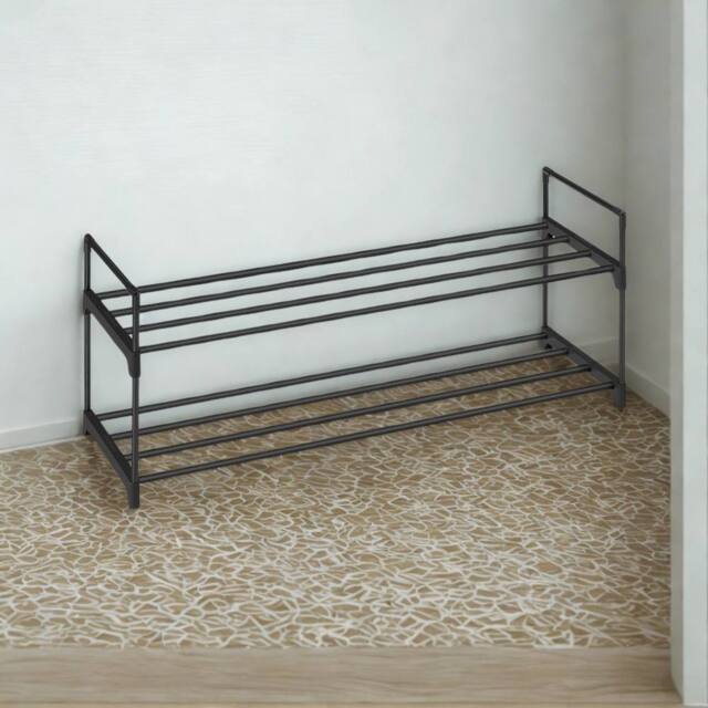 Pirlo Plush 2 Tier Metal Shoe Storage Rack With Slats in Black - image 1