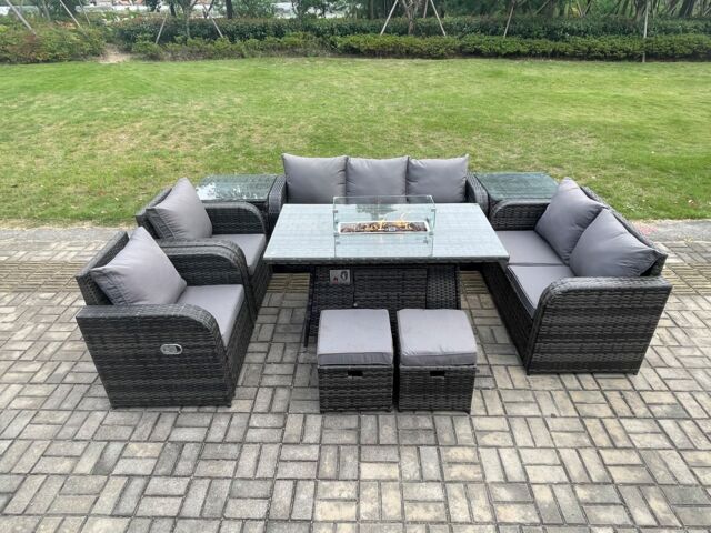 Fimous 9 Seater PE Wicker Outdoor Rattan Garden Furniture Set Propane Gas Fire Pit Table & Sofa Chair set with 2 Side Tables 2 Footstools in Dark Grey - image 1